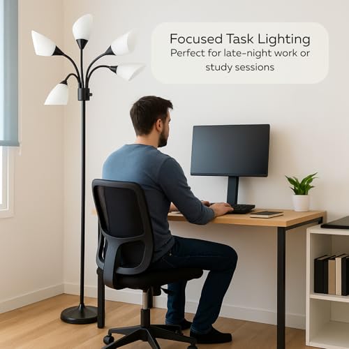 LIGHTACCENTS Multi-Head 5-Light Floor Lamp, Adjustable Standing Lamp with 3-Mode Switch, White Acrylic Shades, Black Finish, Perfect Floor Lamps for Living Room & Bedroom Room Lights
