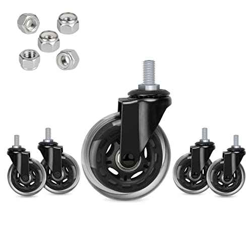 Hirate 3" Office Chair Casters Wheel with 3/8"-16UNC Threaded Stem Heavy Duty Caster Replacement Smooth Rolling for Hardwood Floors, Set of 5 with Nylon Lock Nuts