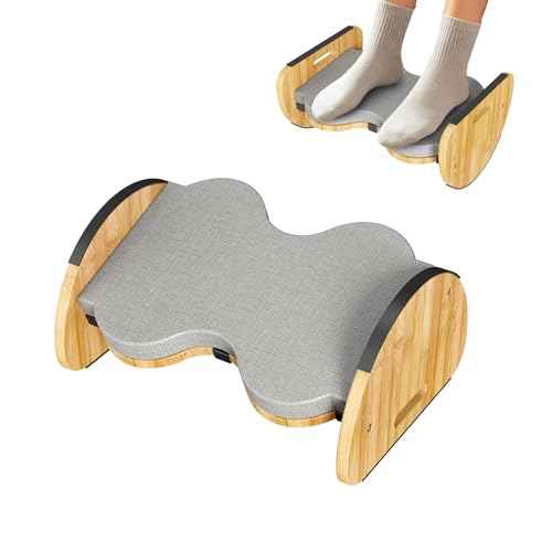 Ergonomic Under Desk Bamboo Footrest, 3-in-1 Reversible Rocking Footrest with Footpads, 4 Adjustable Heights Office Foot Stool, Large Anti-Slip Surface, Improves Posture and Blood Circulation