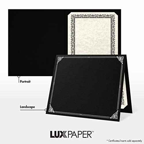 LUXPaper 9.5" x 12" Certificate Holders | Black Linen | Embossed Silver Foil Floral Border | 100lb. Cover | 25 Qty