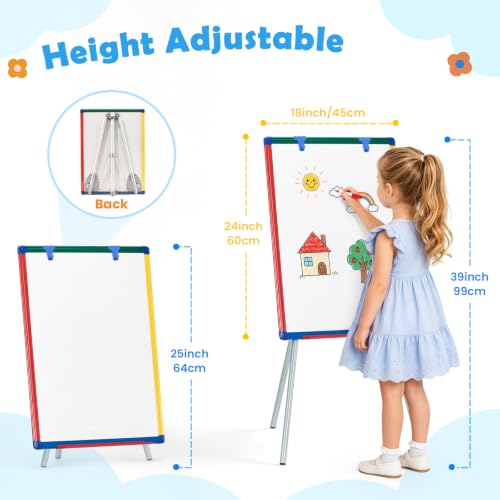 Multicolor Kids Standing Whiteboard with Adjustable Height 24x18 inch Magnetic Easel & Flipchart for Learning