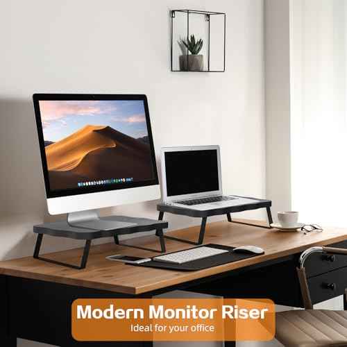 Monitor Stand Riser, Wooden Computer Stand for Desk, Wood and Steel Multi-Purpose Desktop Storage Laptop Riser Desk Shelf for Computer, Laptop, PC, Printer, 15.75 x 9.45 x 3.94 Inch Length (Black/2 Pack)