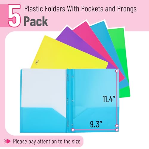 Bright Colors Plastic Folders with Pockets & Prongs - 5 Pack, Letter Size