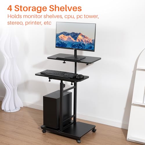 Hovadova Black Mobile Computer Cart with Tower Stand, 27.5"–47.2" Adjustable Height