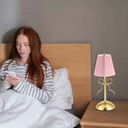 2 Pack Small Gold Bow Table Lamp 12 Inch for Girl's Bedroom Cute Coquette Bow Table Lamp with Fabric Shade Modern Decorative Bedside Light Small Princess Desk Lighting Boho Living Room (Pink)