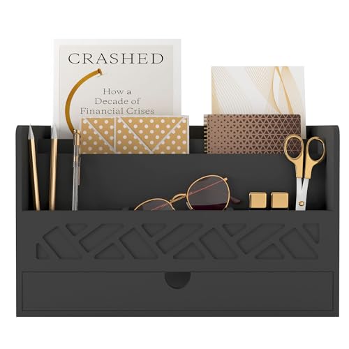 Bamboo Mail Organizer Countertop Desktop with Drawer - Desk Organizer with File Organizer for Office Supplies All-in-One Desk File Organization with Pencil Holder for Paper Letter Envelope Bill