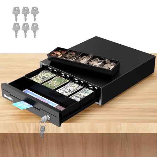 13" Cash Rigister Drawer for Small Business, 4 Bill/5 Coin with Check Slot, Steel Construction, Works with POS (Includes Keys & RJ11/12Cable) - BK1313E