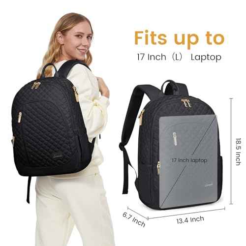 LOVEVOOK Travel Backpack for Women,17 Inch Laptop Work Business College Backpack Purse,Large Capacity Anti Theft Nurse Computer Bag,Lightweight Quilted Travel Backpacks for Weekender,Black