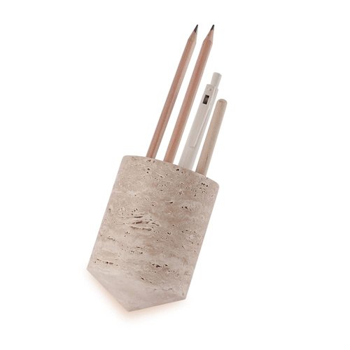 JIMEI True Natural Travertine Marble Rotating Revolver Pen Holder Stand for Desk - Free Spinning Executive Pencil Holder - Cool Gadgets For Desktop Organizer, Birthday Gifts for Men & Women