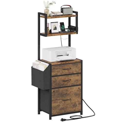 Small 3 Drawer File Cabinet with Charging Station, 45''H, 3-Tier Filing Cabinet for Home Office, 11''*16'' for Small Printer, Fabric Drawer Fits Letter/A4, Tall Printer Stand, Rustic Brown