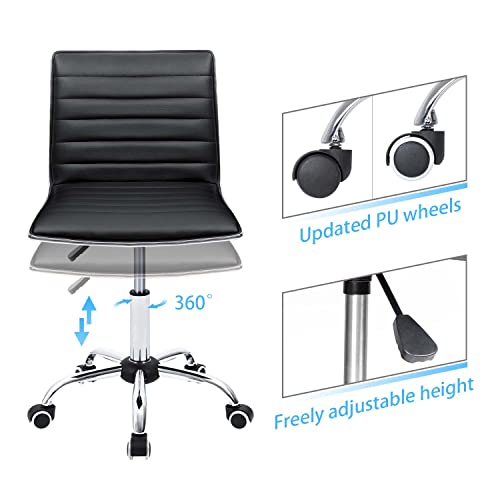 Furmax Armless Leather Makeup & Office Desk Chair with Wheels, Height Adjustable, 360° Swivel - Black