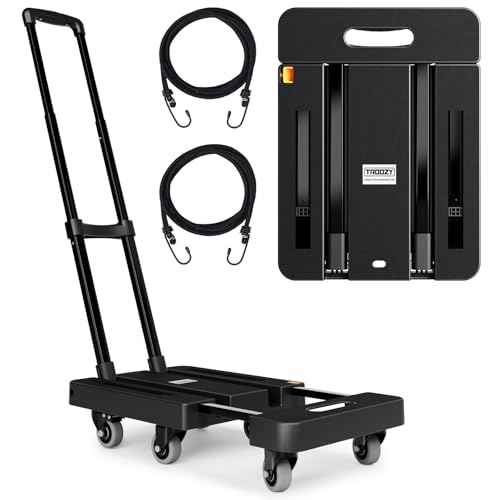 Folding Hand Trucks, Heavy Duty Dolly Cart with 6 Wheels & 2 Elastic Ropes, Foldable & Ideal for Luggage, Travel, Moving, Shopping, Office Use, Hold Up to 500 LB, Easy to Store, Black