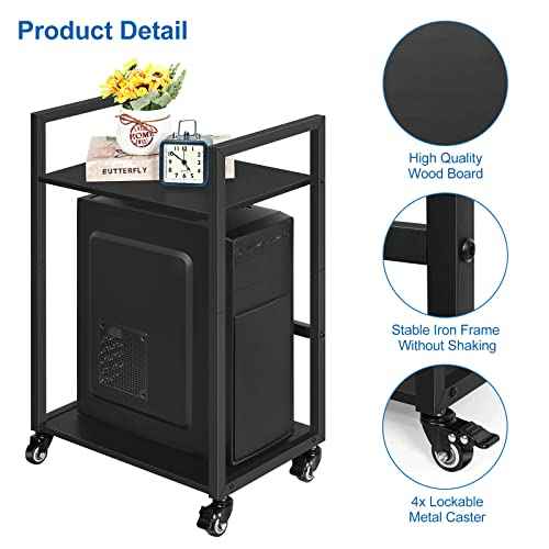 SEHERTIWY 2 Tier Computer Tower Stand, Black CPU Holder Cart with Rolling Caster Wheels, Mobile PC Tower Stand for Office Home Studio