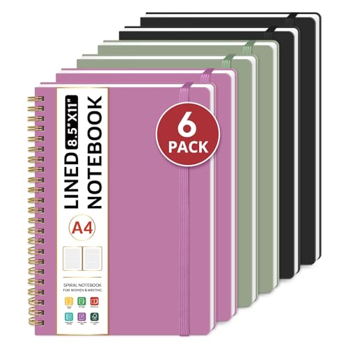 Taja Spiral Lined Notebook, 8.5"x11" Notebooks for Work, 6 Pack, Large A4 Journal for Women & Men, College Ruled Journaling Notebook for Writing, 6 Pcs, Plastic Cover Spiral Journal, Multi