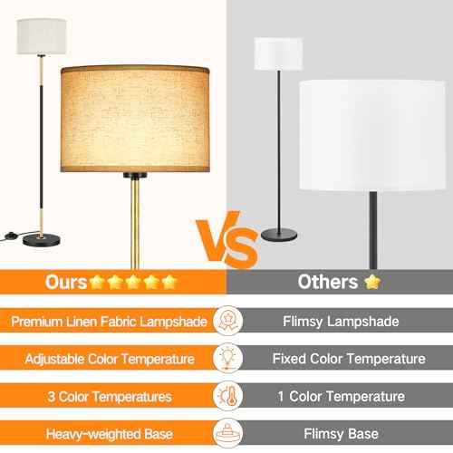OUTON Mid Century Modern Floor Lamp for Living Room - 60" Tall Black & Gold Standing Lamp with Linen Shade, 3 Color Temperatures, Foot Switch, Easy Assembly (Bulb Included)