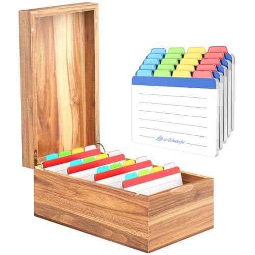 Neando 4¡¯¡¯x6¡¯¡¯ Index Card Holder, Acacia Index Card Box, Index Card Organizer Case, Wood Recipe Box with Dividers, 4 Compartments for 600 Cards, File Note Flash Card Holders