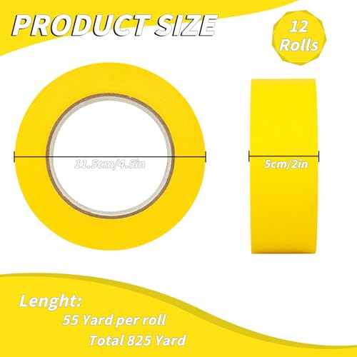 12 Rolls Yellow Painters Tape Bulk 2 inch x 660 Yards, Painters Masking Tape No Residue Wall Painting Tape Artist Tape Trim Edge Finishing Tape for Wall Painting Decoration DIY Supplies
