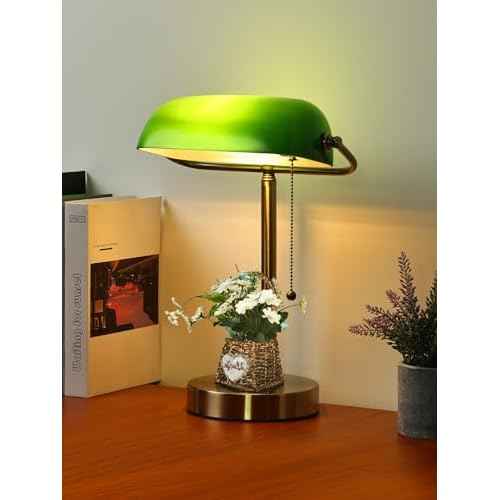 Newrays Traditional Green Glass Bankers Desk Lamp with Pull Chain Switch Plug in Fixture,LED Bulb Included