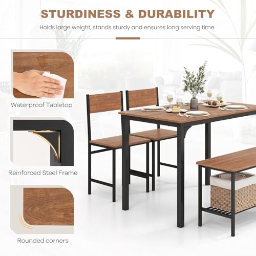 NAFORT Brown 4-Piece Industrial Dining Set with Bench – 43.5''L x 27.5''W, Rustic Wood & Black Metal