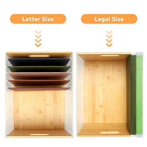 Letter/Legal Bamboo Acrylic File Box Organizer, Hanging File Folder Storage Boxes, Decorative Document Crate Transparent Filing Bin with Handle for Home Office Desk