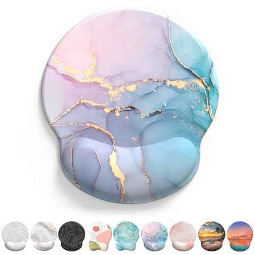 eulps Mouse Pad with Wrist Rest, Comfortable Computer Mousepad with Gel Wrist Support Smooth Surface and Non-Slip PU Base for Pain Relief, Laptop, Office & Home (Cyan Pink Marble)