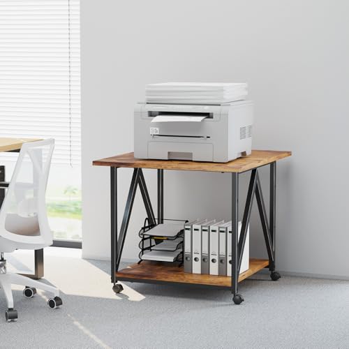 2-Tier Printer Stand, Printer Table with Storage, Industrial Printer Storage Cart with Wheels, Rolling Printer Stand for Heat Press Scanner Fax, Brown