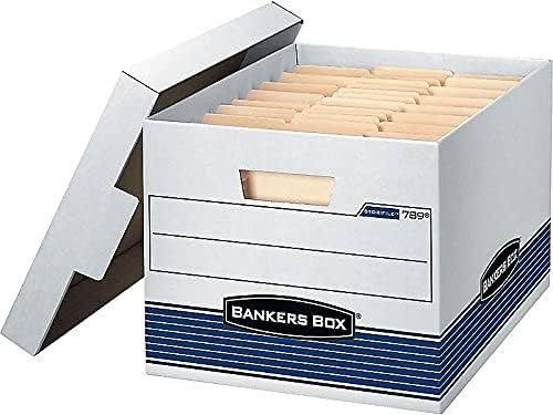 Bankers Box Storage Boxes - Medium-Duty Letter/Legal Size with Locking Lid - White/Blue, 4-Pack