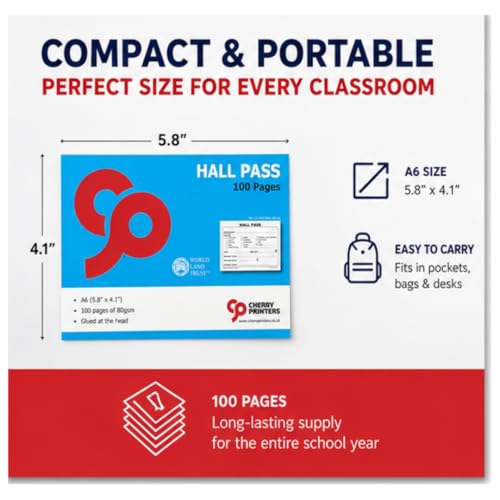 School Hall Pass Book - 100 Pre-Printed Student Bathroom & Classroom Passes, A6 Size