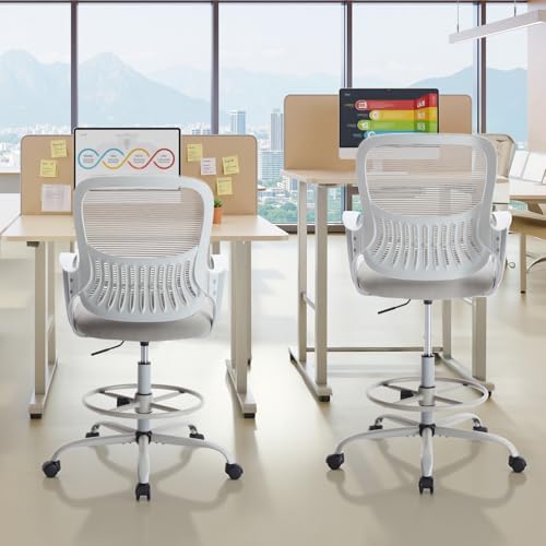Sweetcrispy Tall Drafting Chair with Footrest, Grey, 45in High Office Desk Chair