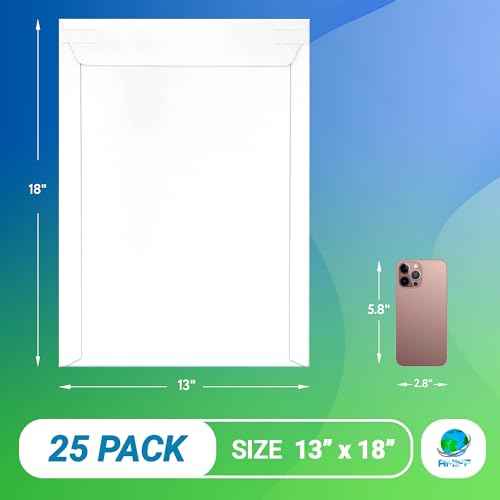 White Paperboard Rigid Mailers, 13 x 18 Inches. Pack 25 Chipboard Photo Envelopes Self Seal, 550 GSM. Stay Flat Box Mailers, 13 x 18. No Bend Self-Sealing Business Mailing Envelopes