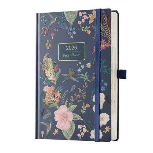 Daily Planner 2026 with One Page Per Day,(A5-8.5" x 5.9"),12 Months Calendar Hourly Appointment Book Monthly Tabs&Self-adhesive Pen Holder,Inner Pocket,3D Designed Flower Cover,Green