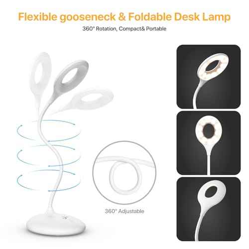 LED Desk Lamp with 3 Color Modes, Touch Control 30 LEDs Table Lamp, Stepless Dimming Reading Light,360¡Æ Flexible, Rechargeable Portable Eye-Caring Sleep Aid for Dorm Study Office Bedroom, White