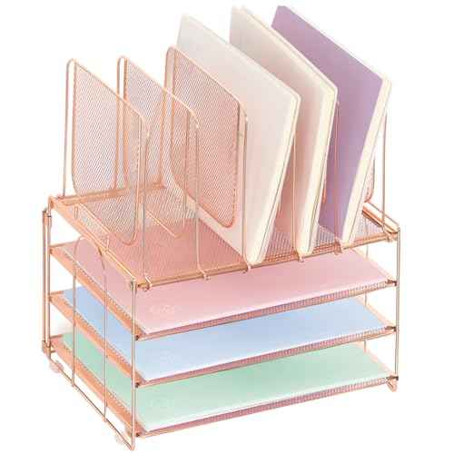Desk Organizers and Accessories, 3-Tier Paper Organizer with 5 Vertical File Holders, File Organizer for Desk (Rose Gold, 3T)