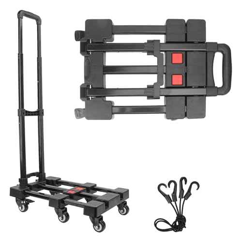 6-Wheel Black Folding Hand Truck, 440 lbs Heavy Duty Dolly, Collapsible Dolly Cart, Portable Platform Cart with 2 Elastic Ropes, Foldable Dolly Cart for Moving, Travel