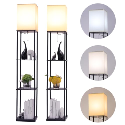 Floor Lamp with Shelves, Modern Square Standing Lamp with 3 Color Temperature Bulb, Corner Display Bookshelf Lamp for Living Room, Bedroom and Office (Black-2 Pack)