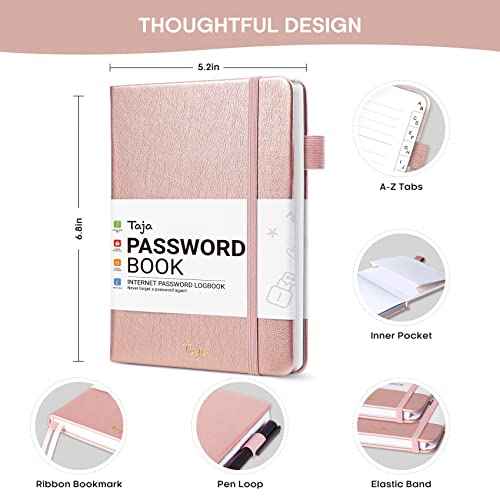 Taja Password Keeper Book with Alphabetical Tabs, Small Password Books for Seniors, Password Notebook for Internet Website Address Log in Detail, Password Logbook to Help You Stay Organized - Rose Gold