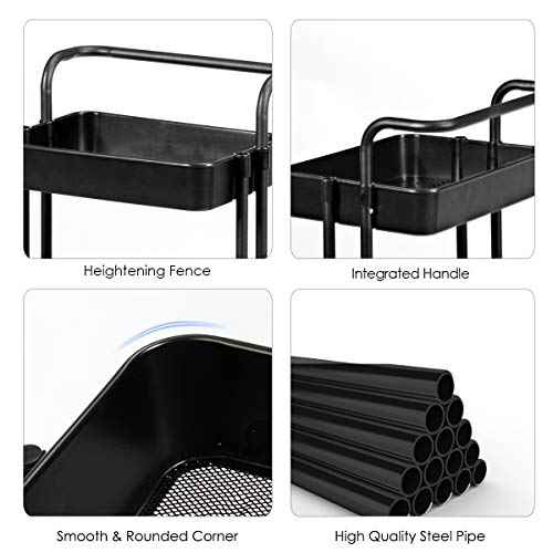 Giantex 3-Tier Utility Cart, Storage Rolling Cart with Casters, Multifunctional Organizer Cart with Top Handle, ABS Mesh Baskets, Storage Trolley with Brakes for Home and Office 16.5"x14"x34"(Black)