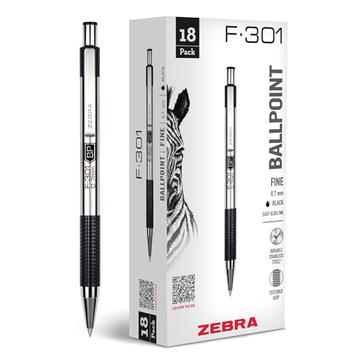 Zebra Pen F-301 Retractable Ballpoint Pen, Stainless Steel Barrel, Fine Point, Black Ink, 18-Pack (27118)