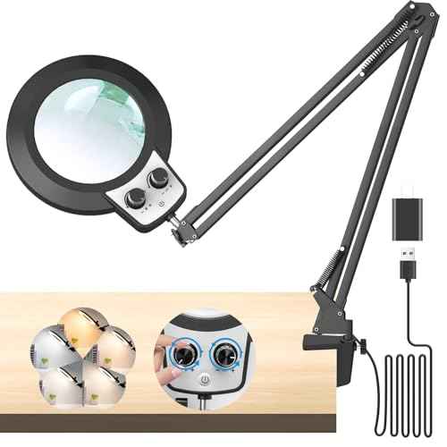 KIRKAS 12X Magnifying Glass with Light, Long Swing Arm, Any Color Modes & Stepless Dimming LED Magnifying Lamp with Clamp, Memory Function Lighted Magnifier for Crafts, Reading, Hobby, Close Work