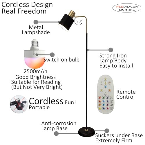 Modern Cordless Floor Lamp Battery Operated with Remote, Black Gold Rechargeable Minimalist Standing Battery Reading Floor Lamp with Metal Shade No Electric Wire for Living Room Bedroom (1 Pack)