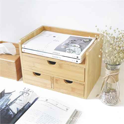 3 Drawer Bamboo Desk Organizer with Shelf ? Makeup Storage & Tabletop Organizer for Home Office, Workspace, or Bathroom ? No Assembly Required