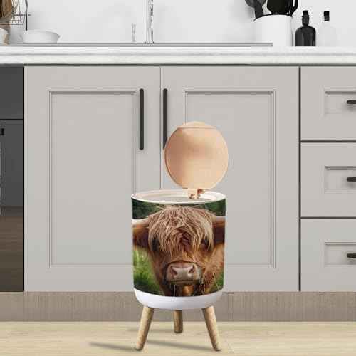 Small Trash Can with Lid for Bathroom Kitchen Office Funny Hairy Cow Highland Cattle Close up Garbage Bin Waste Basket Decorative 1.8 gallons, 14x9inch