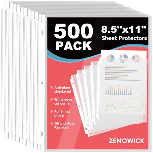 ZENOWICK 500 Pack Sheet Protectors 8.5 x 11 Clear for 3 Ring Binders, Acid-Free, Durable