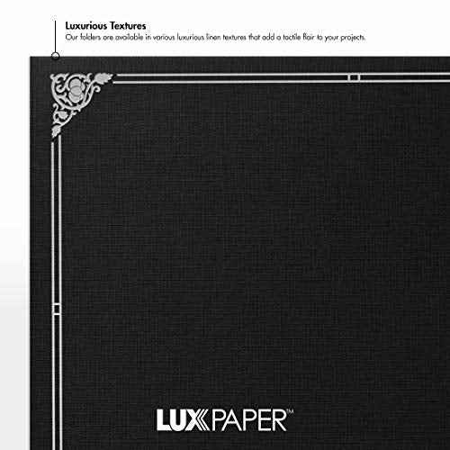 LUXPaper 9.5" x 12" Certificate Holders | Black Linen | Embossed Silver Foil Floral Border | 100lb. Cover | 25 Qty