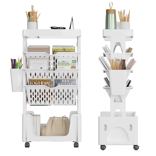 5-Tier Rolling Book Cart with Lockable Casters – Multi-Functional Mobile Bookcase (White)