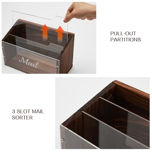 Mail Organizer with Clear Acrylic Dividers - Wooden Letter Holder for Desk, 3 Slot Mail Sorter Wall Mounted, Desktop Envelope Caddy for Home Office Organize Document Bill Mail Inbox Outbox