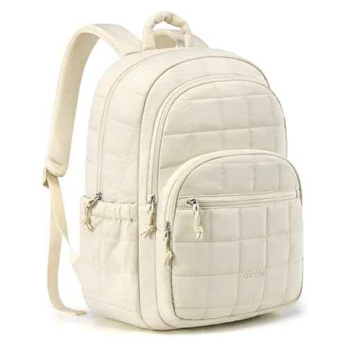 BAGSMART College Laptop Backpack, Travel Laptop Backpack for Women, Quilted Casual Daypack, Water-Resistant Bookbag for 15.6 Inch Laptop, Beige