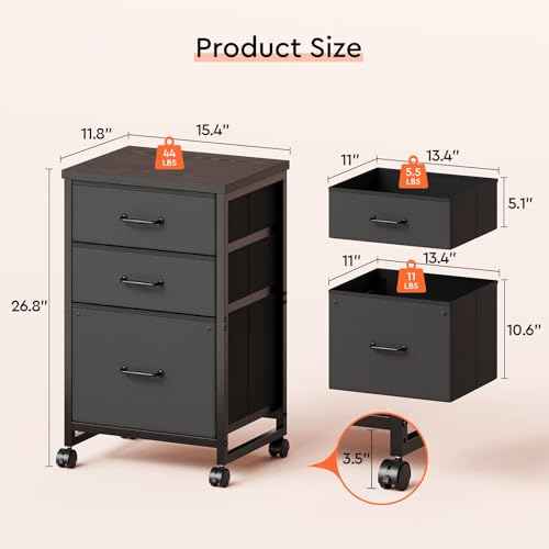 3 Drawer Mobile File Cabinet with Wheels Fabric Vertical Filing Cabinet fits A4 or Letter Size for Home Office,Black
