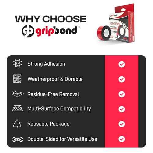 GripBond Black Super Bond Heavy Duty Double Sided Tape, 4 Rolls (18.3 Ft), 1.2¡± x 220¡± ? Waterproof Adhesive Mounting Tape for Indoor/Outdoor, Walls, Automotive, Car, LED Strip Lights, Home, Office