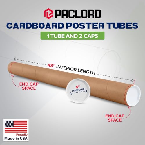 4" x 48" Reinforced Kraft Paper Mailing Tube, Pack of 1 Tube with 2 Caps ? Secure USPS Approved Poster Tube ? Made in USA Cardboard Tube for Shipping and Storing Posters, Prints, Artwork, or Documents